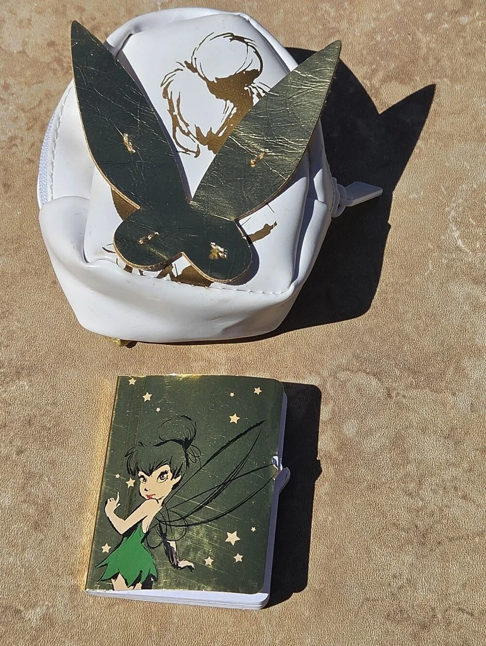 White and Gold Tinker Bell Mini Backpack Pouch With Mini Notebook